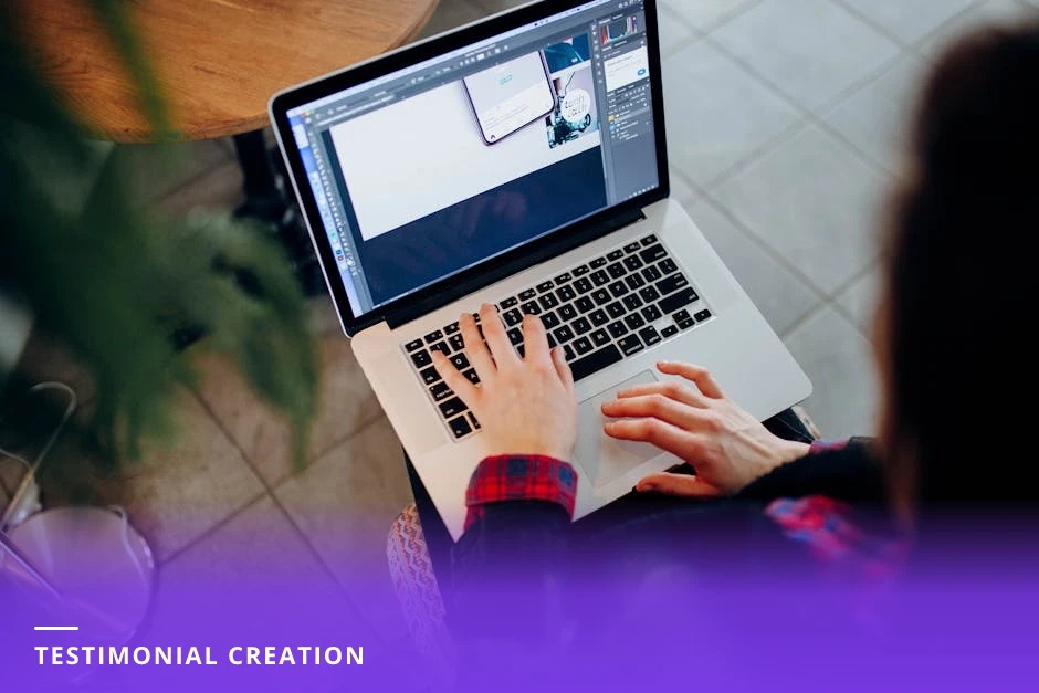 Close-up of hands using a laptop on a bright Scandinavian desk, creating a testimonial quote graphic; smartphone, coffee cup, and a notebook visible, airy daylight and minimal decor